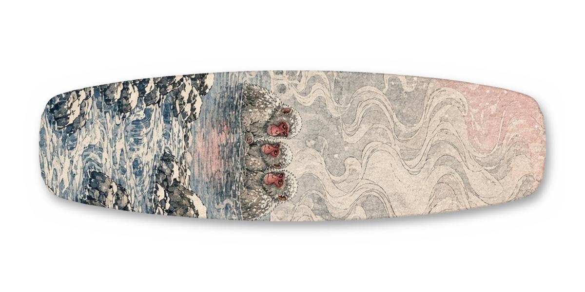Snow Monkeys Hot Spring wakeboard, studio shot wrap, top side
