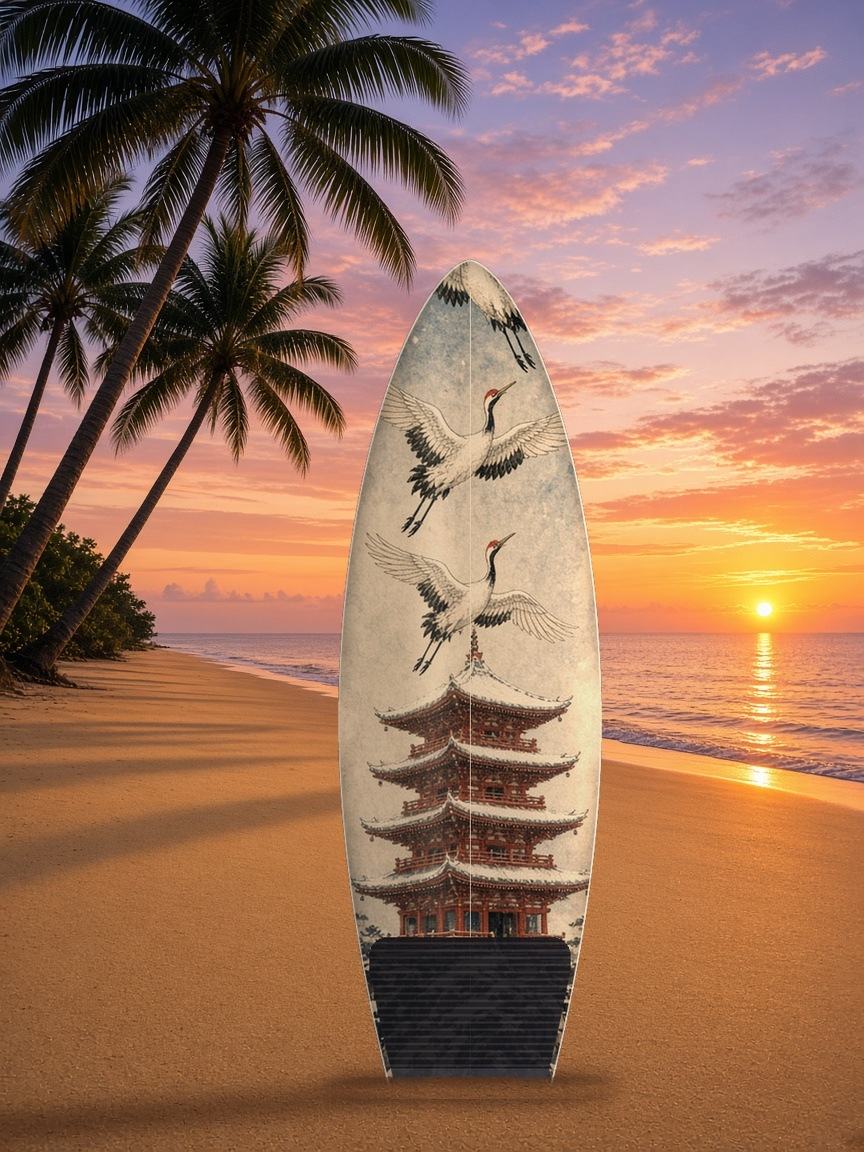Snow Temple Cranes surfboard wrap, top side