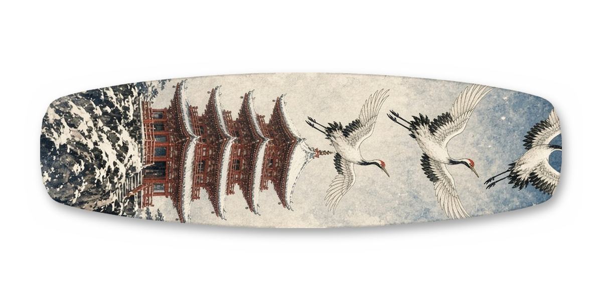 Snow Temple Cranes wakeboard, studio shot wrap, top side
