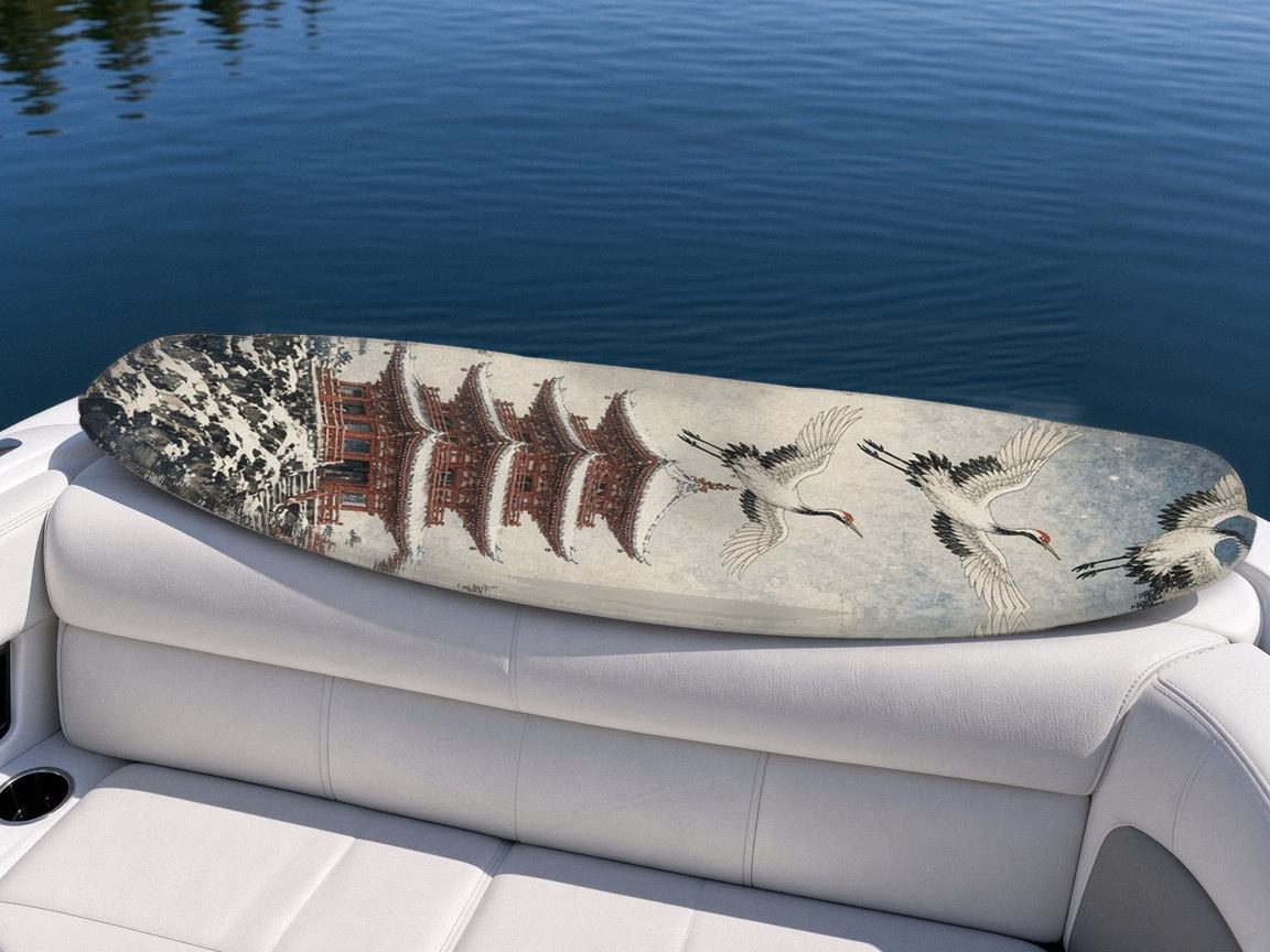 Snow Temple Cranes wakeboard, on the boat wrap, top side