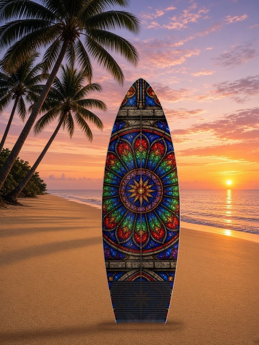 Stained Glass Rose Window surfboard wrap, top side