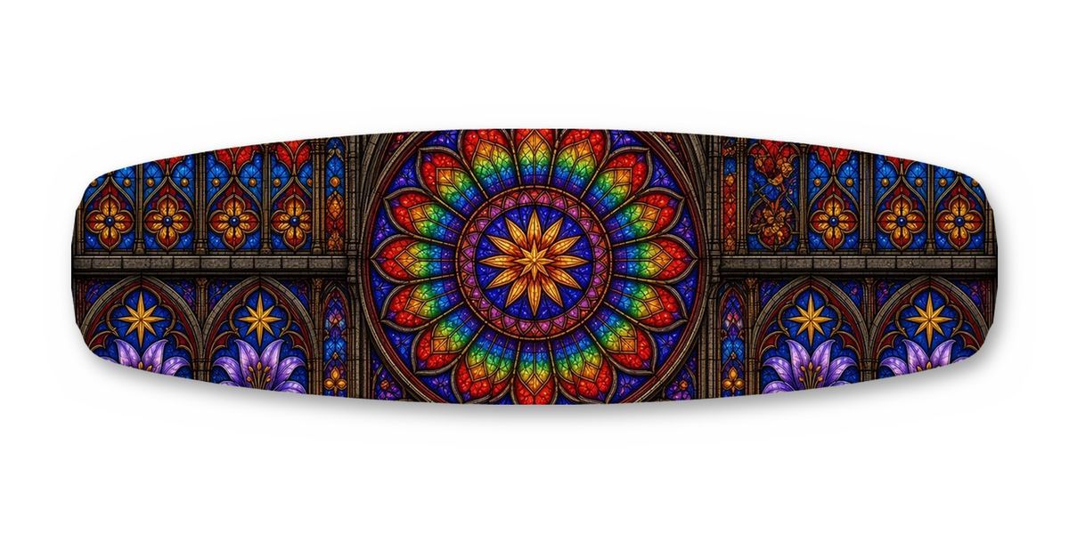 Stained Glass Rose Window wakeboard, studio shot wrap, top side