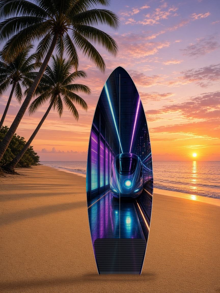 Subway Platform Arrival surfboard wrap, top side