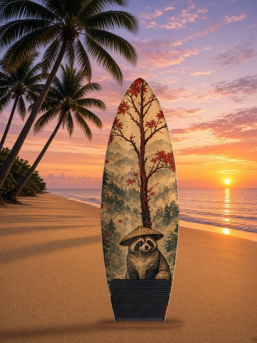 Tanuki Maple Moon surfboard wrap, top side