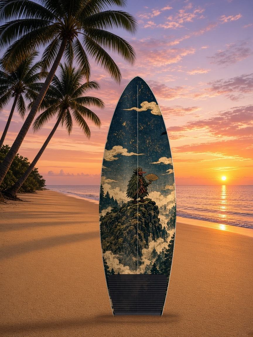 Tengu Cedar Peak surfboard wrap, top side
