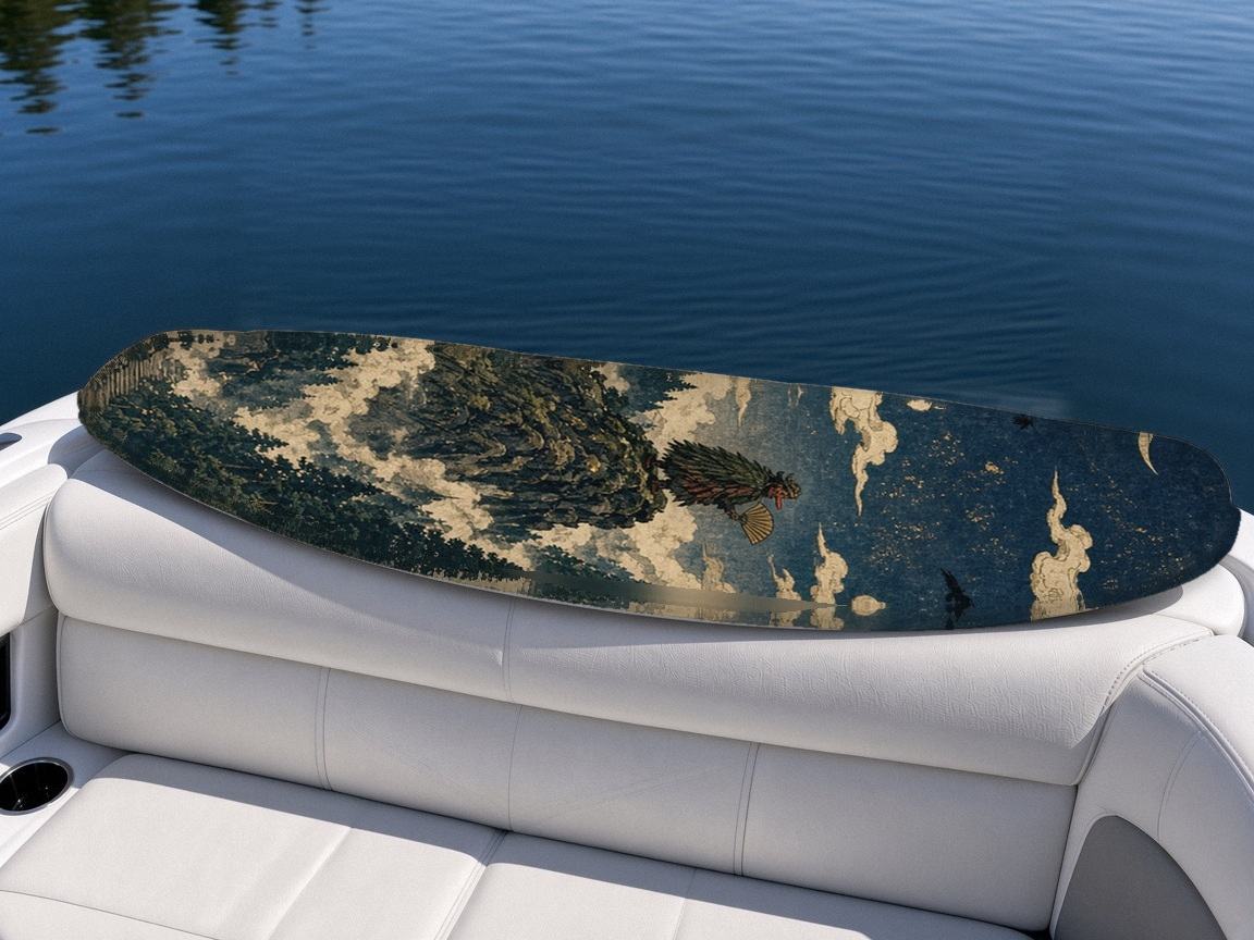 Tengu Cedar Peak wakeboard, on the boat wrap, top side