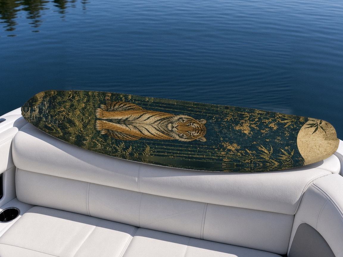 Tiger Bamboo Moonlight wakeboard, on the boat wrap, top side
