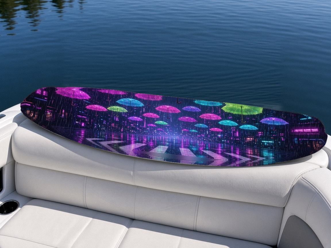 Umbrella Crossing Rain wakeboard, on the boat wrap, top side
