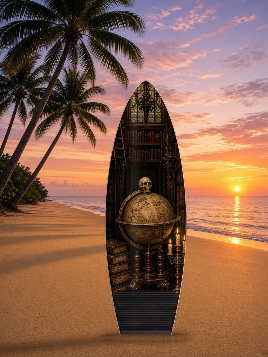 Vampire Library Skull Globe surfboard wrap, top side
