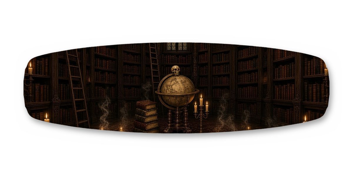 Vampire Library Skull Globe wakeboard, studio shot wrap, top side