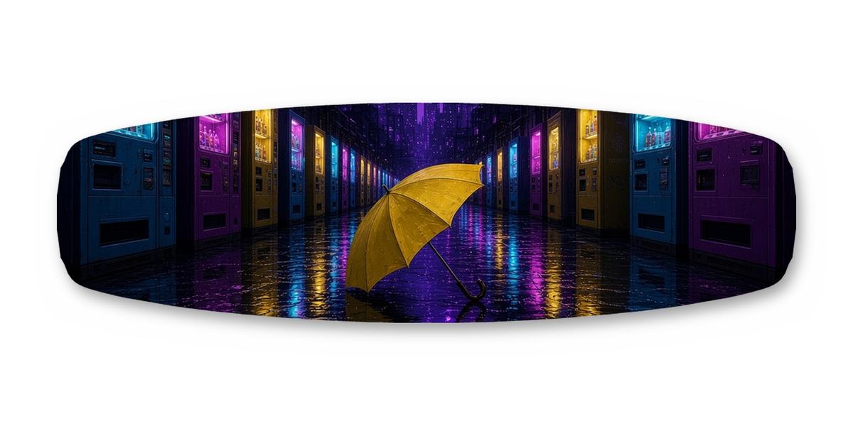 Vending Alley Umbrella wakeboard, studio shot wrap, top side