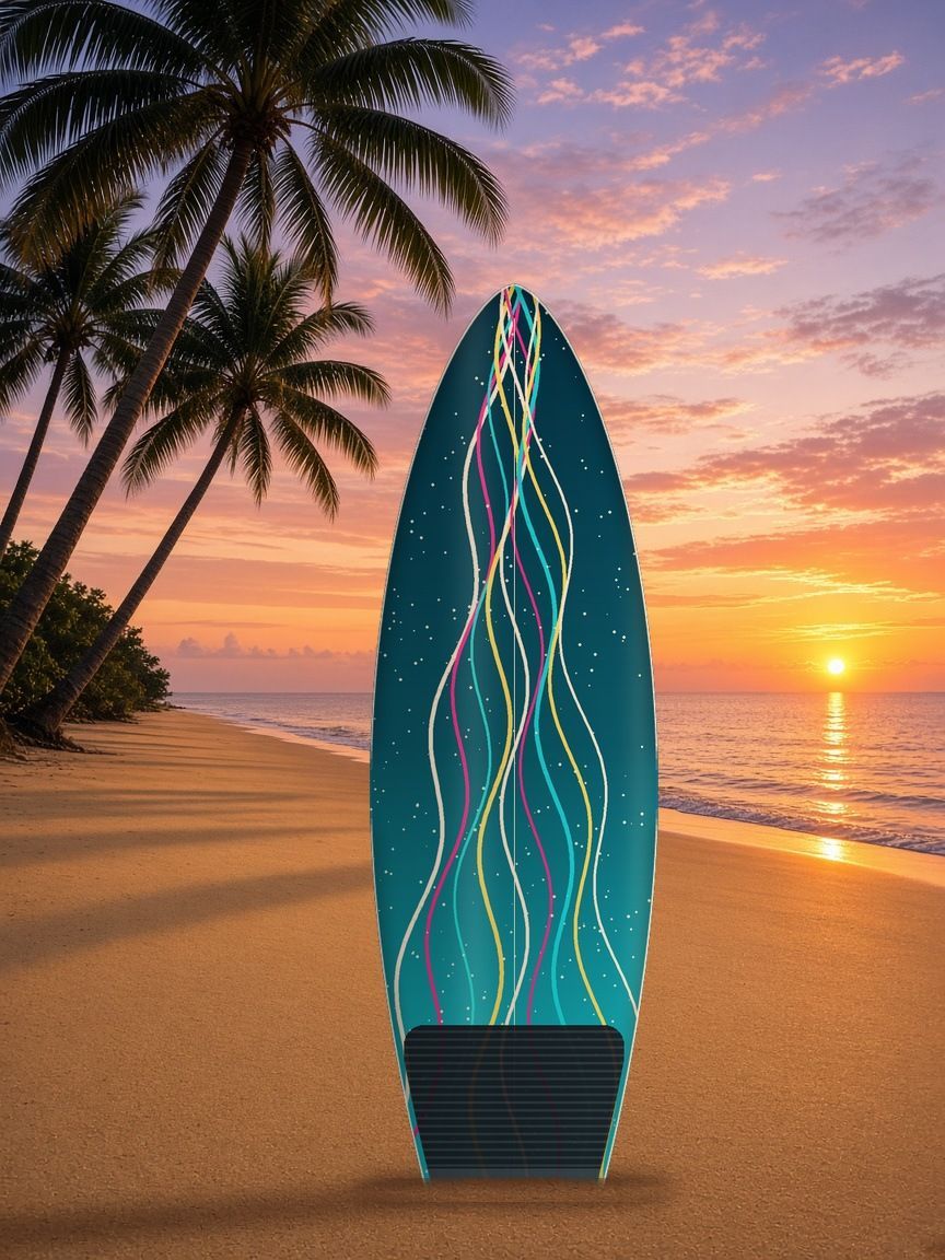 Wake Lines surfboard wrap, top side, Summer Water collection