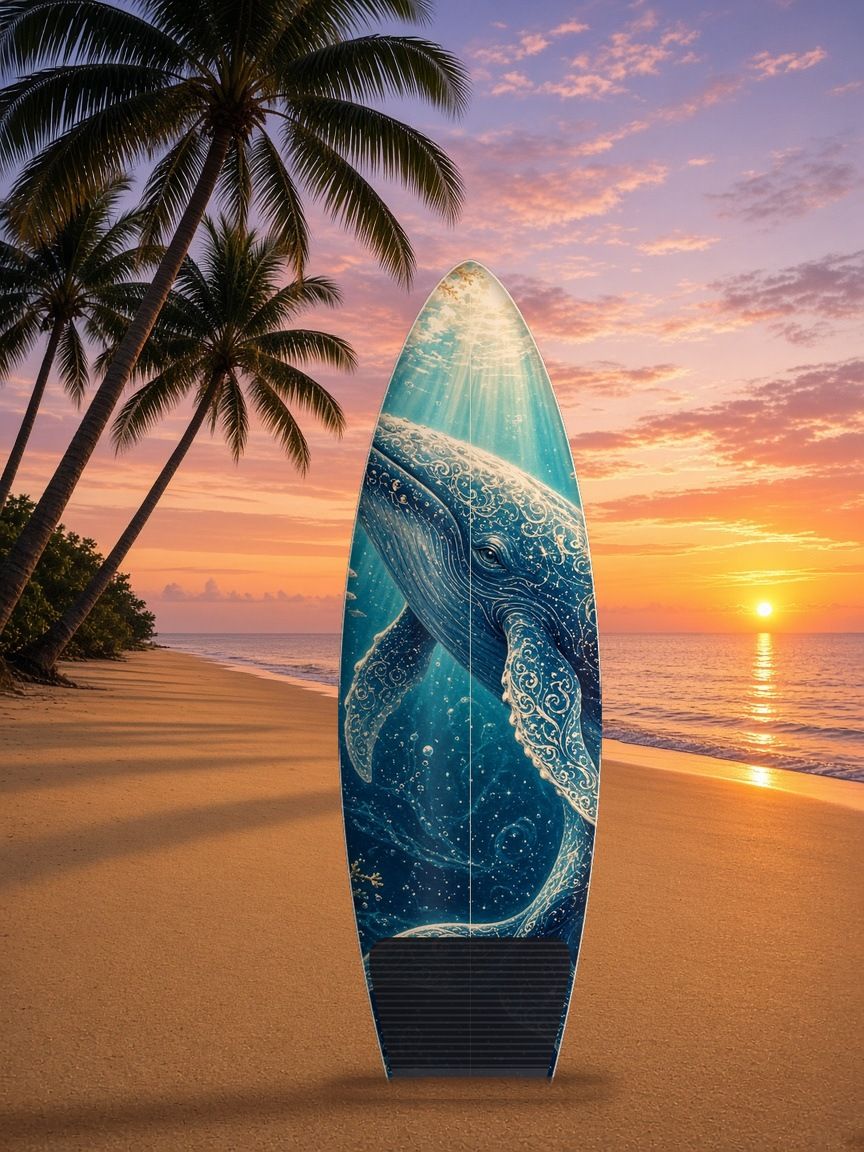Whale Spirit surfboard wrap, top side, Mythic Water collection