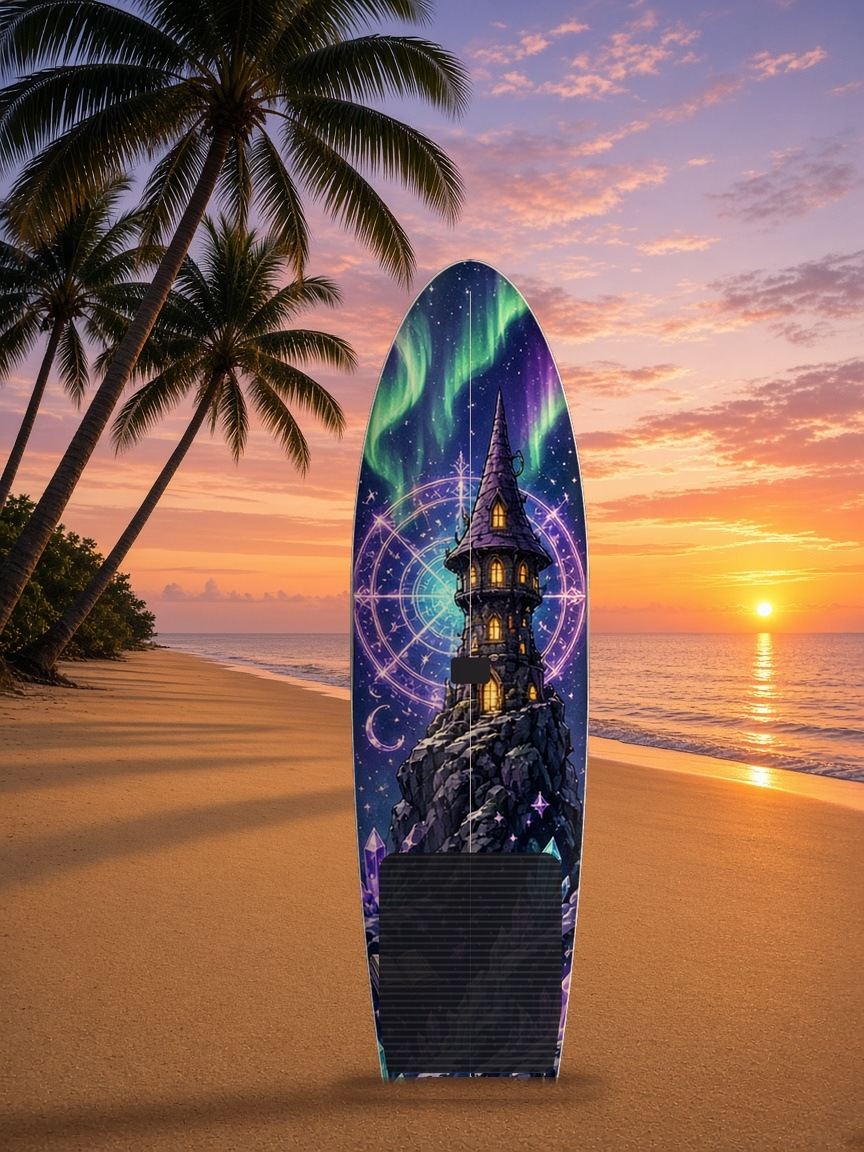 Wizard Tower Aurora Circle paddleboard wrap, top side