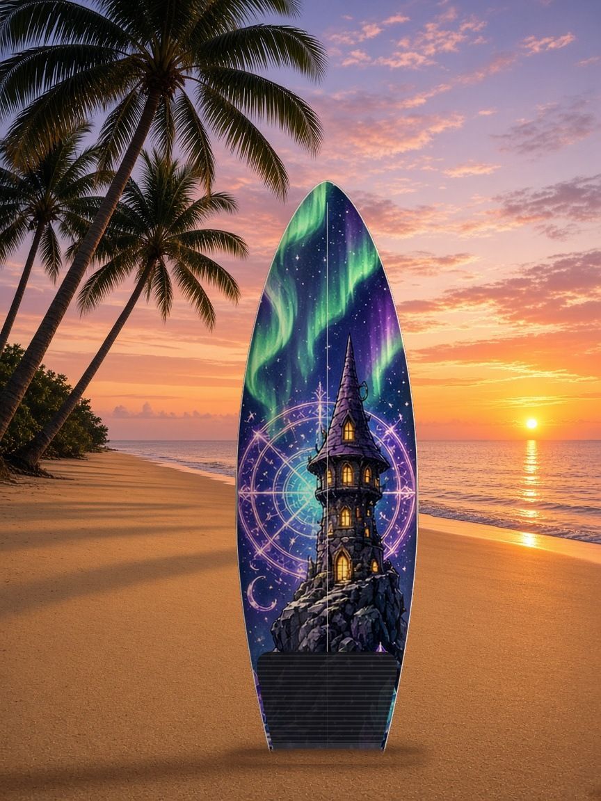 Wizard Tower Aurora Circle surfboard wrap, top side
