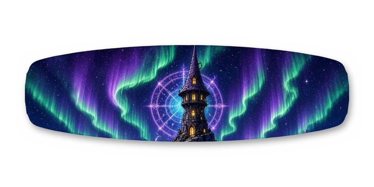 Wizard Tower Aurora Circle wakeboard, studio shot wrap, top side