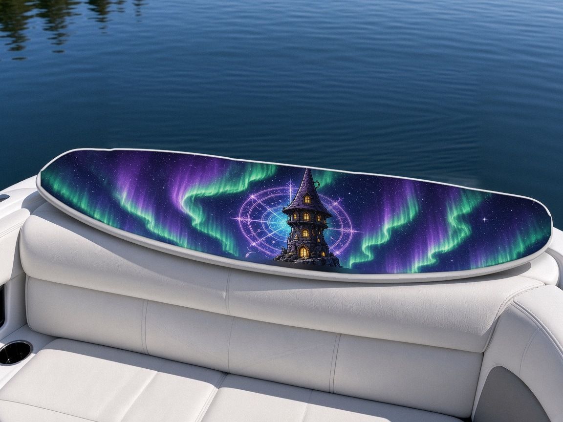 Wizard Tower Aurora Circle wakeboard, on the boat wrap, top side