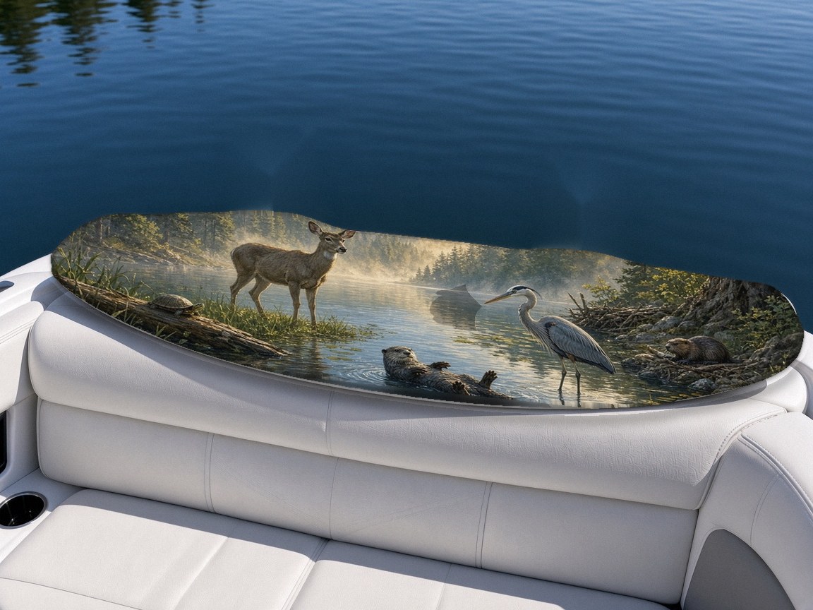 Backcountry Critters wakeboard with boots on a boat seat, Lake Life collection