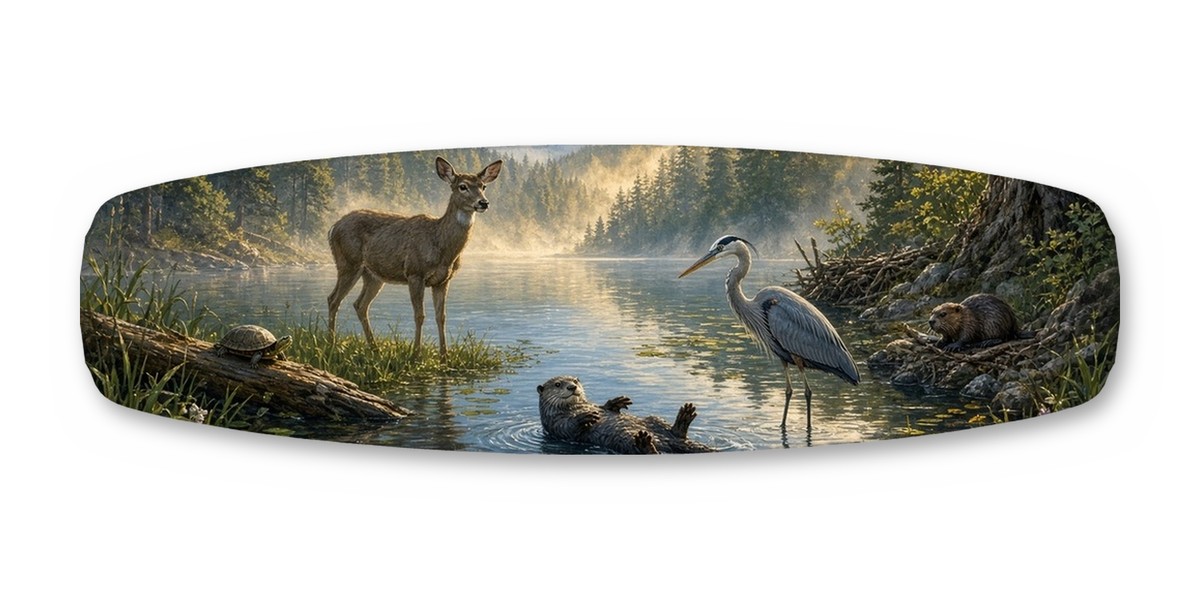 Backcountry Critters wakeboard with boots, studio shot on white, Lake Life collection