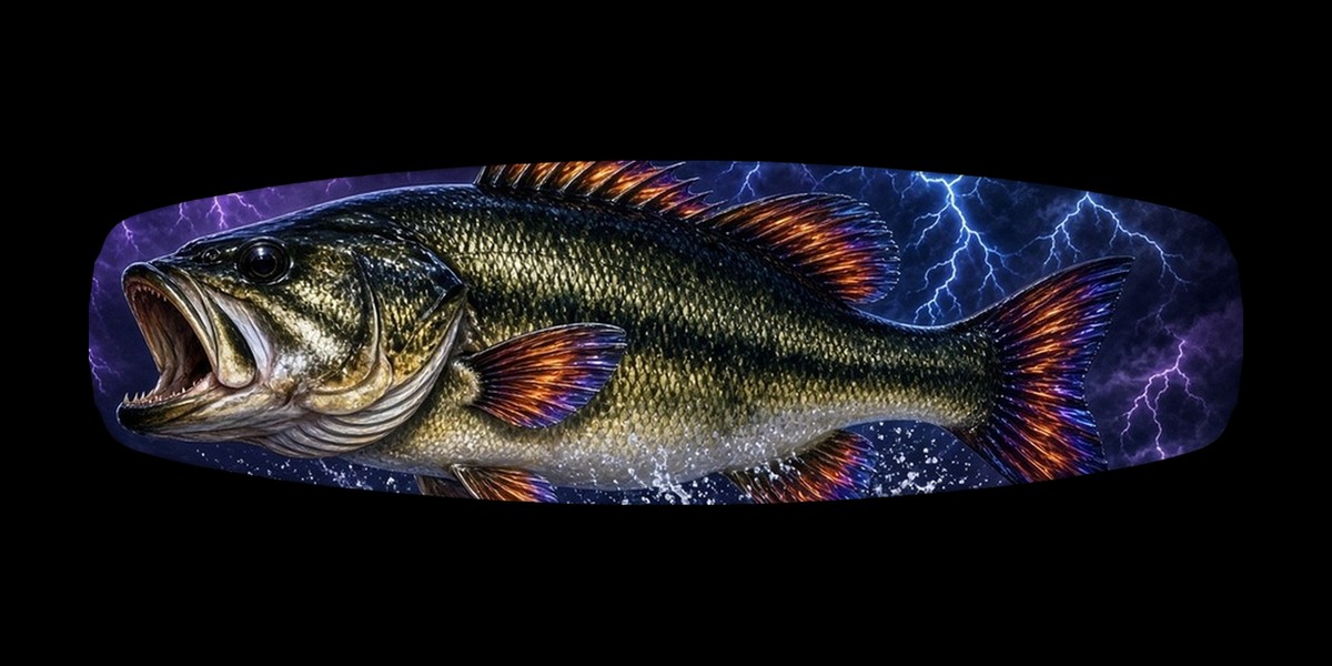Bass Metal wakeboard with boots, studio shot on black, Lake Life collection