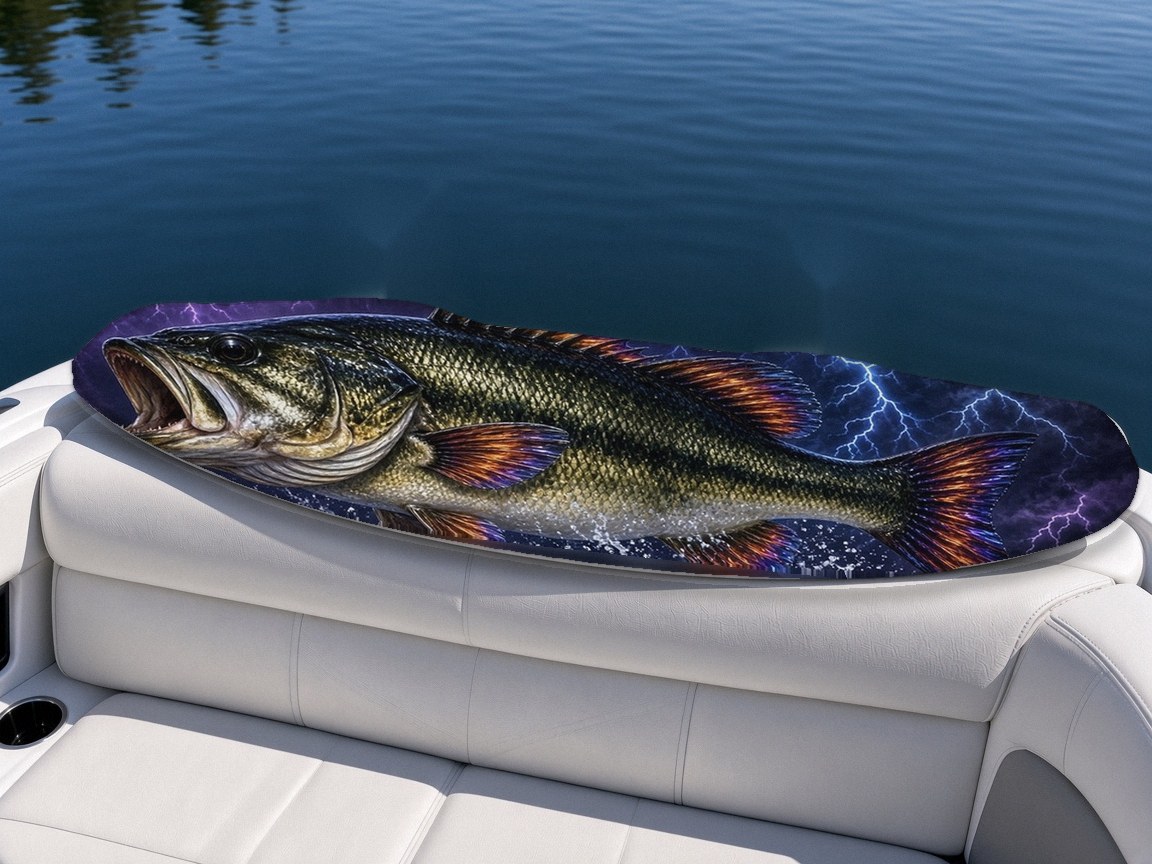 Bass Metal wakeboard with boots on a boat seat, Lake Life collection