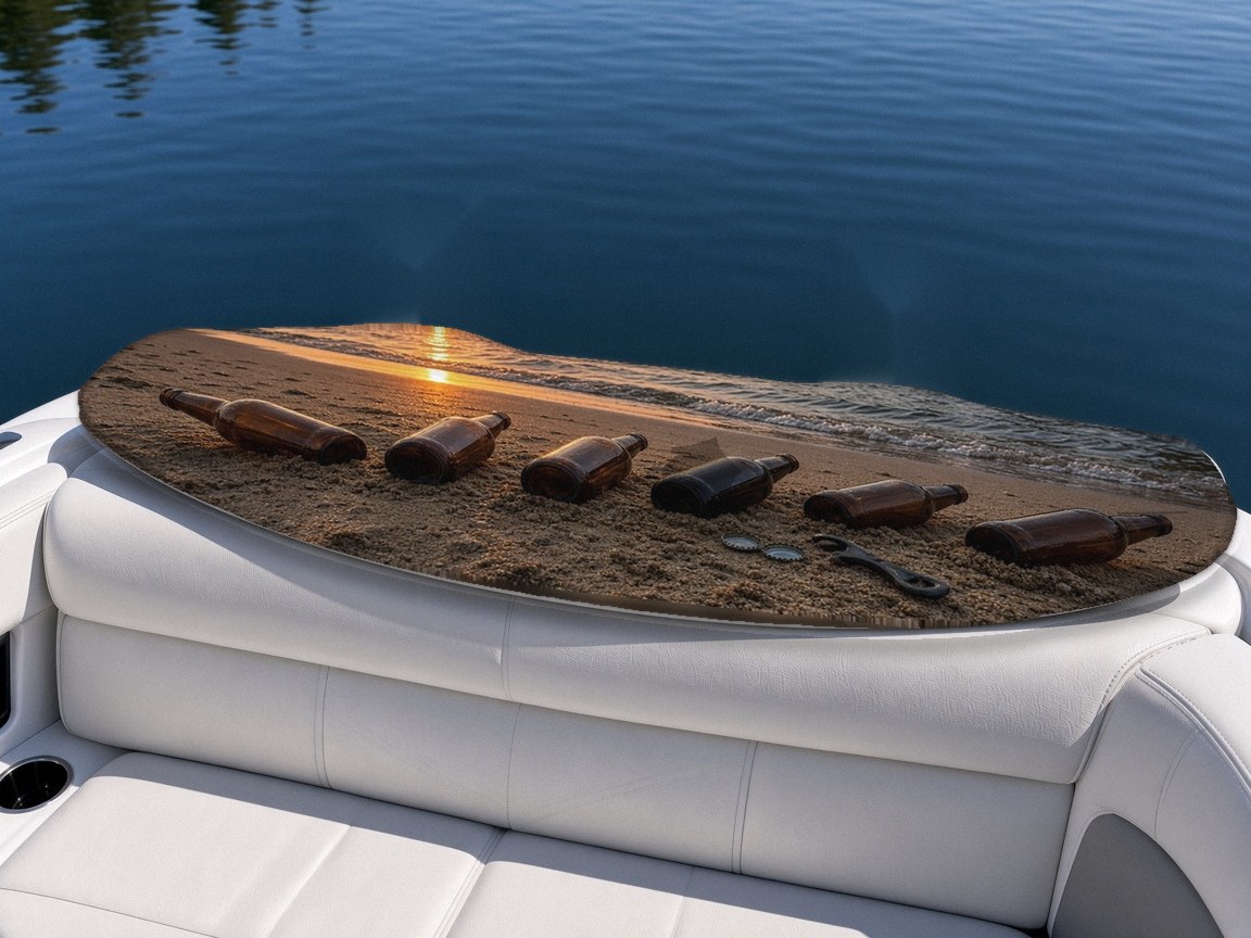 Beer on the Sand wakeboard with boots on a boat seat, Lake Life collection