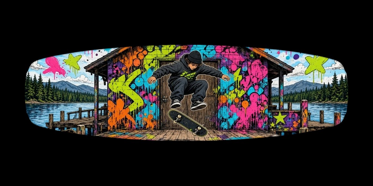 Boathouse Skate wakeboard with boots, studio shot on black, Lake Life collection