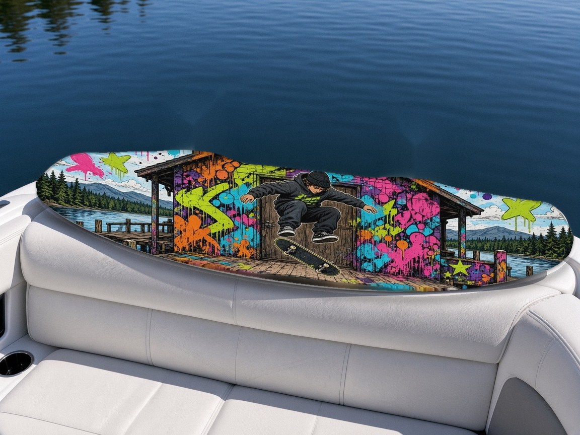 Boathouse Skate wakeboard with boots on a boat seat, Lake Life collection