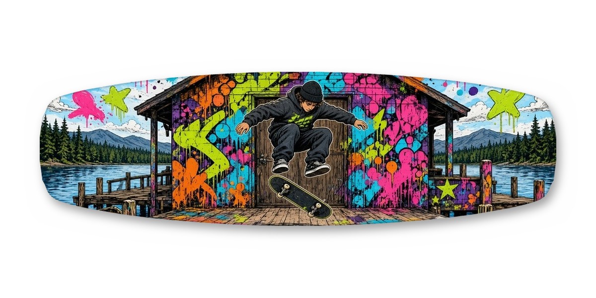 Boathouse Skate wakeboard with boots, studio shot on white, Lake Life collection