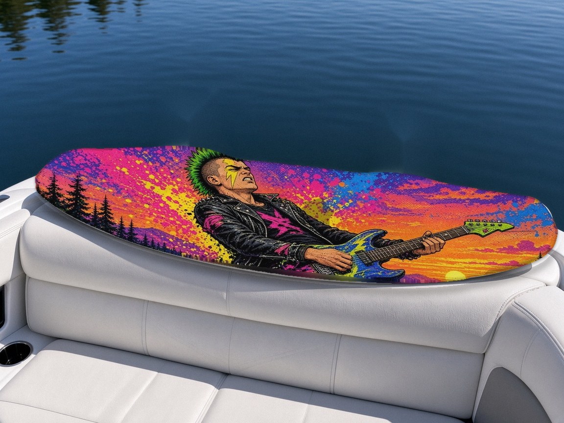Dock Punk wakeboard with boots on a boat seat, Lake Life collection
