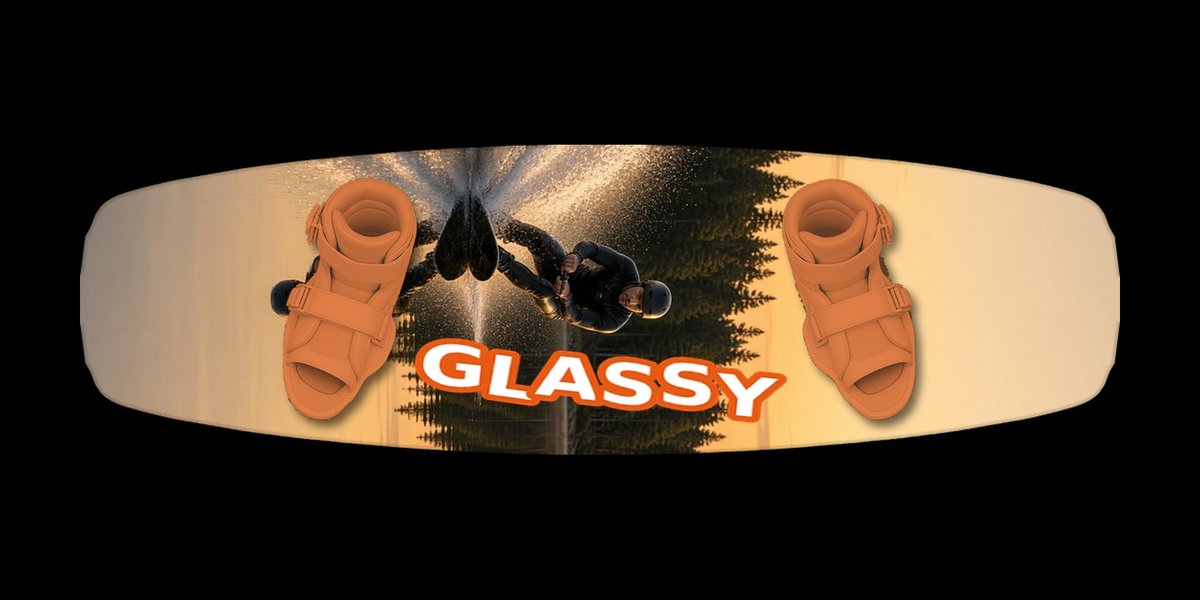 Glassy wakeboard with boots, studio shot on black