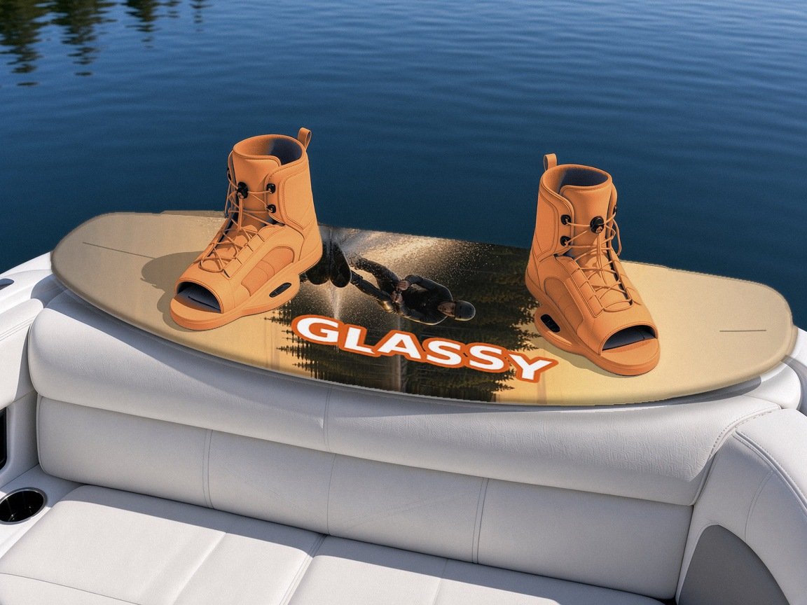 Glassy wakeboard with boots on a boat seat