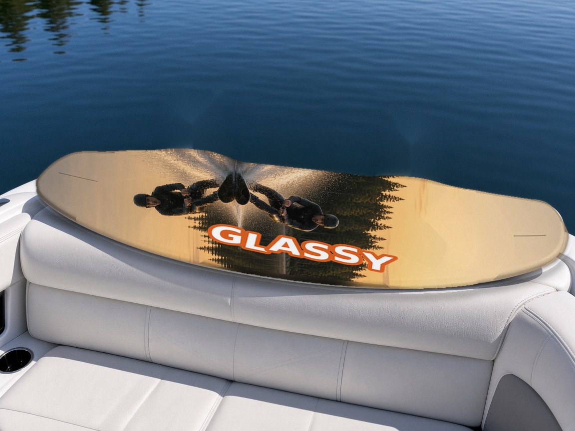 Glassy wakeboard with boots on a boat seat, Summer Water collection