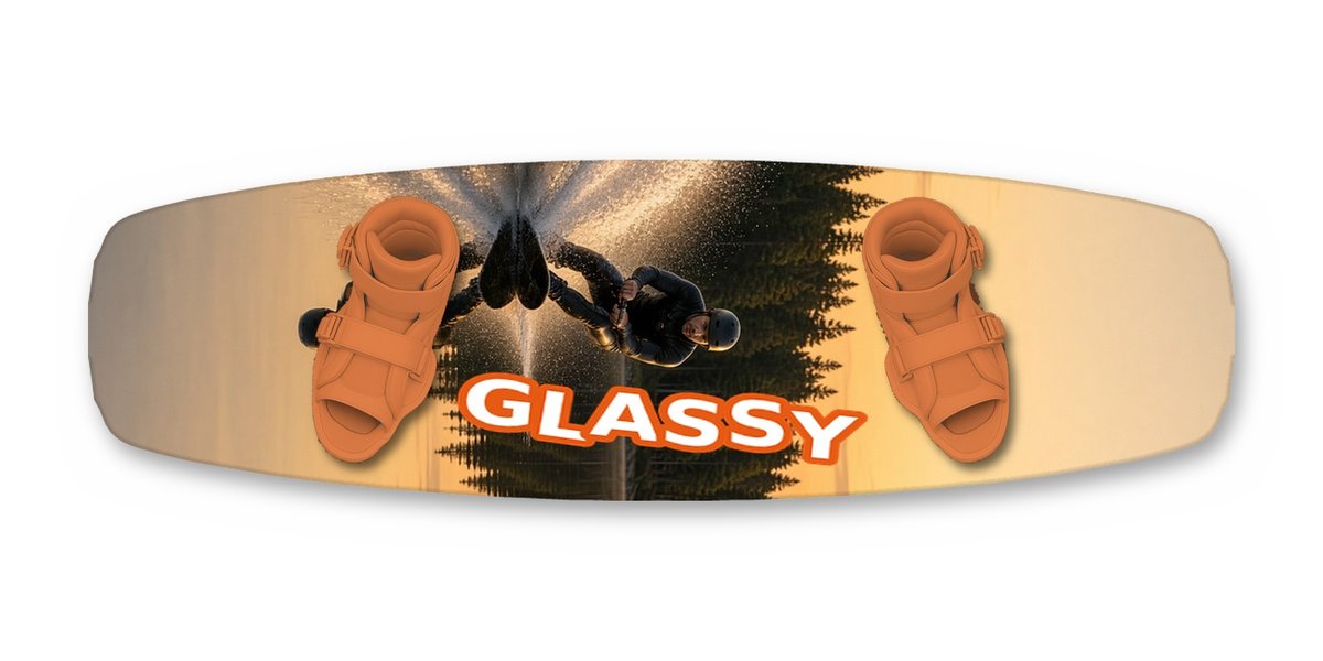 Glassy wakeboard with boots, studio shot on white