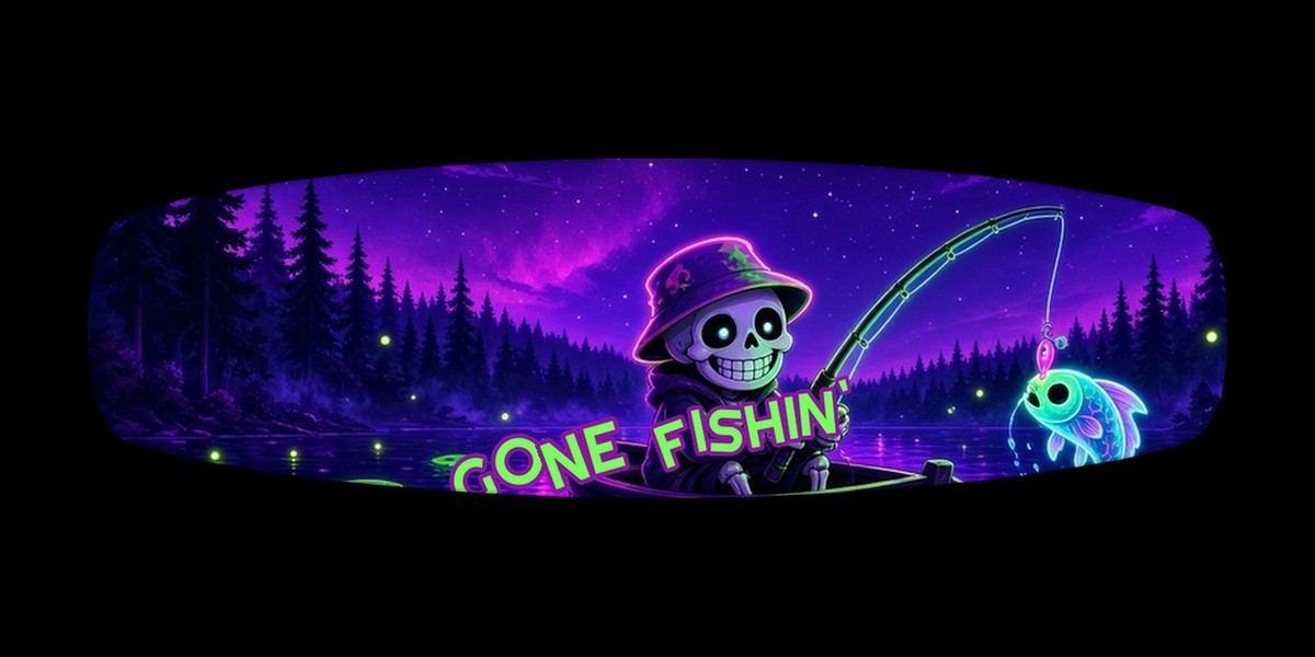 Gone Fishin' Skull wakeboard with boots, studio shot on black, Lake Life collection