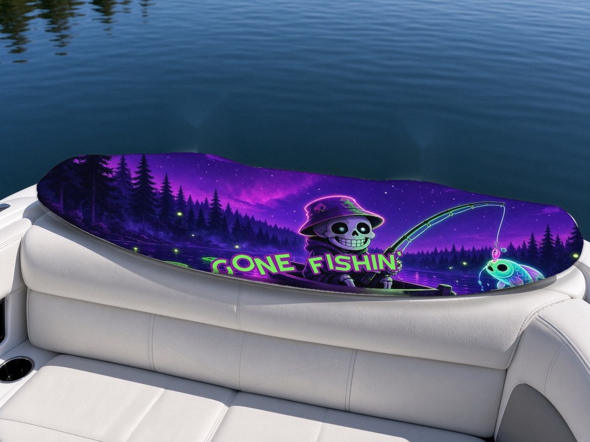 Gone Fishin' Skull wakeboard with boots on a boat seat, Lake Life collection