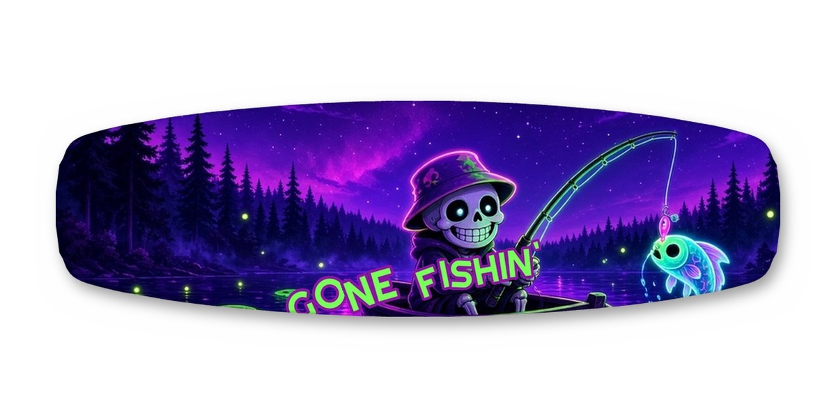 Gone Fishin' Skull wakeboard with boots, studio shot on white, Lake Life collection
