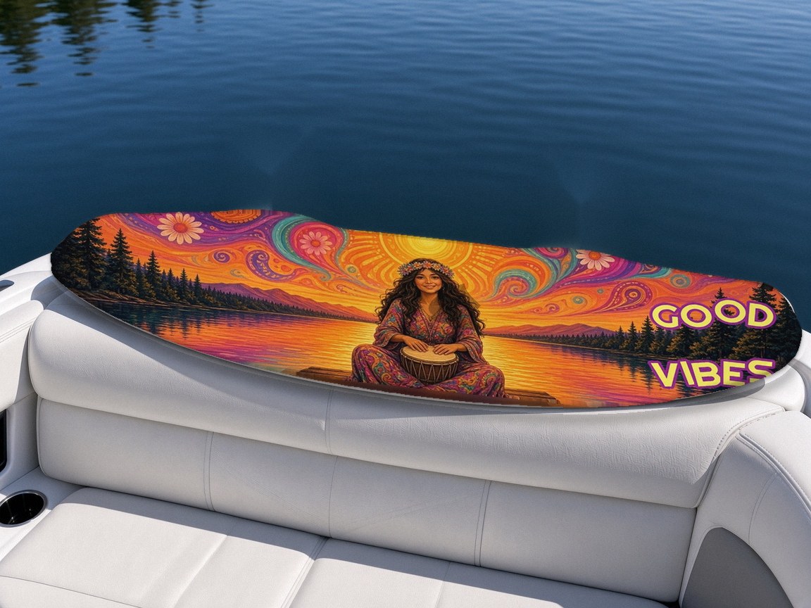 Good Vibes Hippy wakeboard with boots on a boat seat, Lake Life collection