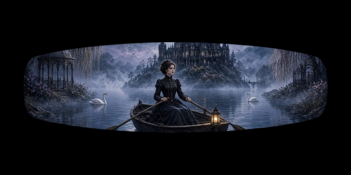 Gothic Moon wakeboard with boots, studio shot on black, Lake Life collection
