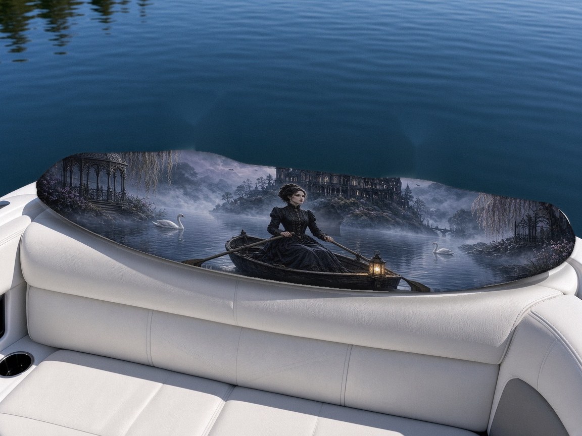 Gothic Moon wakeboard with boots on a boat seat, Lake Life collection