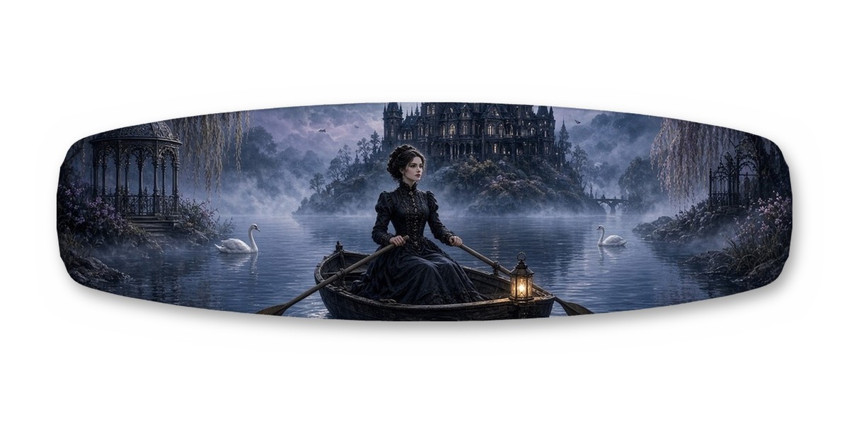 Gothic Moon wakeboard with boots, studio shot on white, Lake Life collection