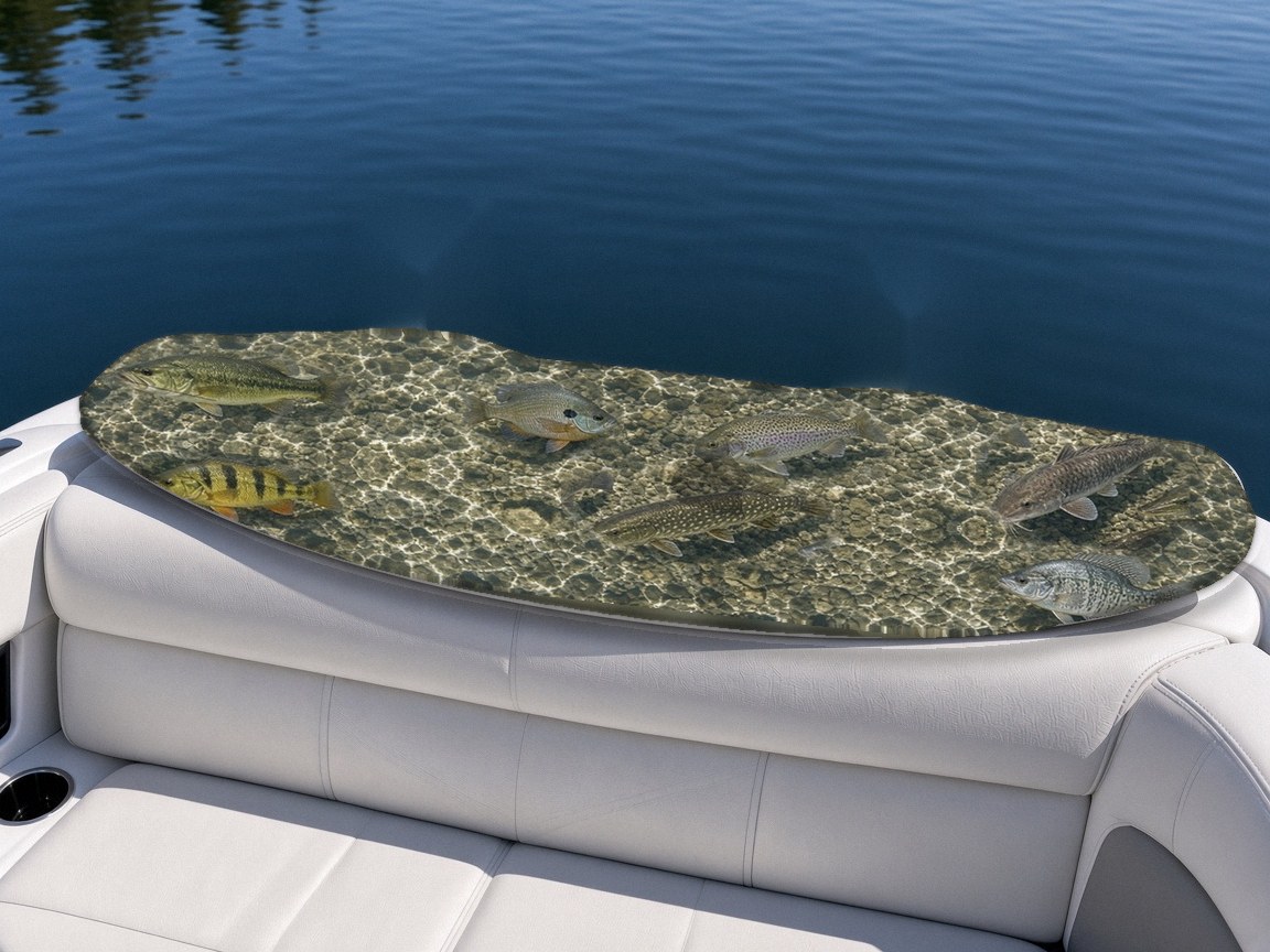 Hidden Fish wakeboard with boots on a boat seat, Lake Life collection
