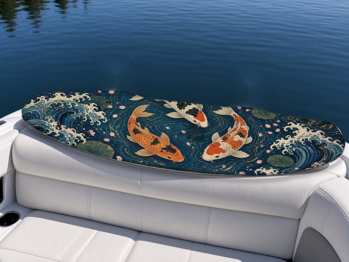 Koi Wave wakeboard with boots on a boat seat, Lake Life collection