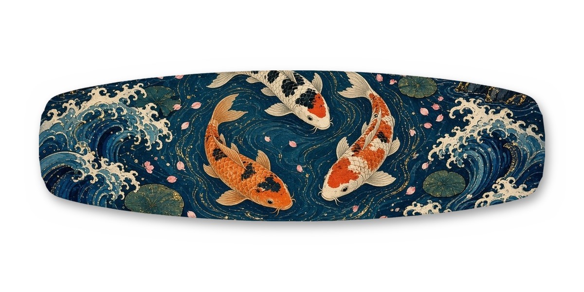 Koi Wave wakeboard with boots, studio shot on white, Lake Life collection