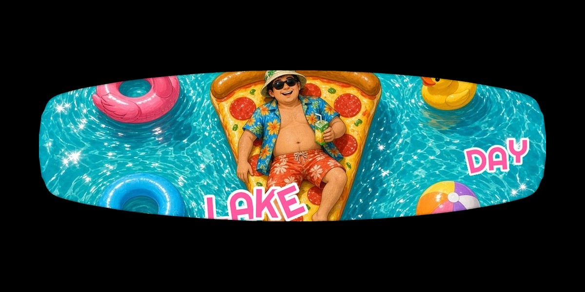 Lake Day Float wakeboard with boots, studio shot on black, Lake Life collection
