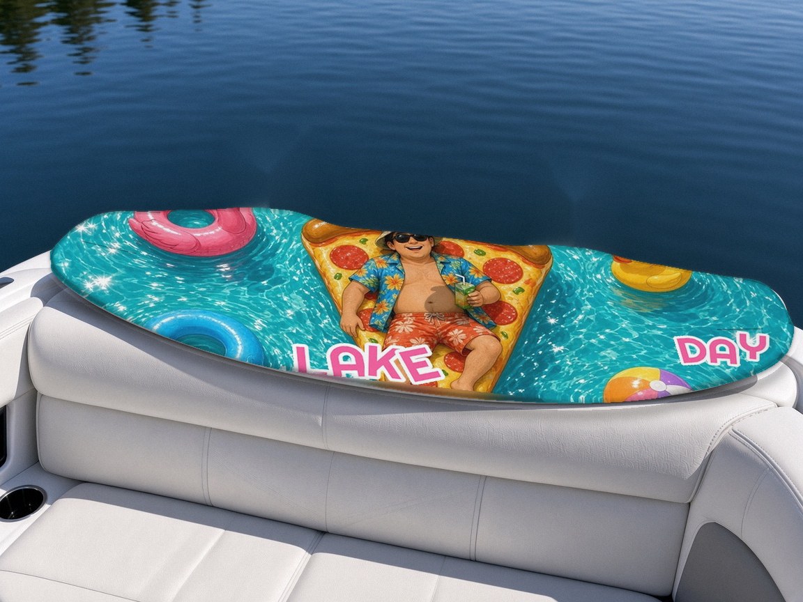 Lake Day Float wakeboard with boots on a boat seat, Lake Life collection