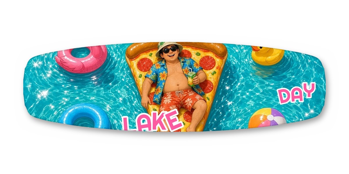 Lake Day Float wakeboard with boots, studio shot on white, Lake Life collection