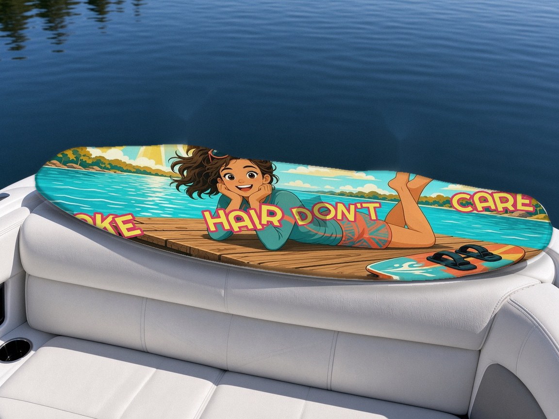 Lake Hair wakeboard with boots on a boat seat, Lake Life collection