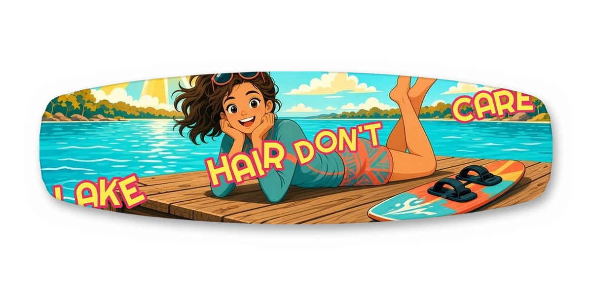 Lake Hair wakeboard with boots, studio shot on white, Lake Life collection