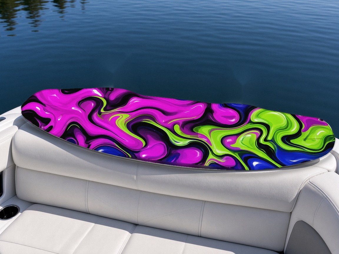 Liquid Pop wakeboard with boots on a boat seat, Lake Life collection